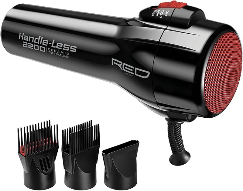 RED by Kiss Handle-Less 2200W Ceramic Tourmaline Hair Dryer, 3 Heat Settings, Pro Blow Dryer with Comb Attachment