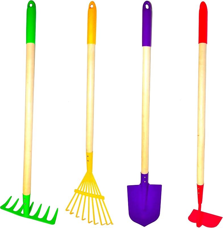 JustForKids Kids Garden Tool Set Toy, Rake, Spade, Hoe and Leaf Rake, reduced size , made of sturdy steel heads and
