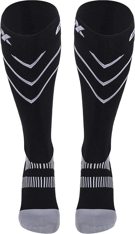 CSX 20-30 mmHg Compression Socks for Men and Women, Knee High, Recovery Support, Athletic Sport Fit, Silver on Black