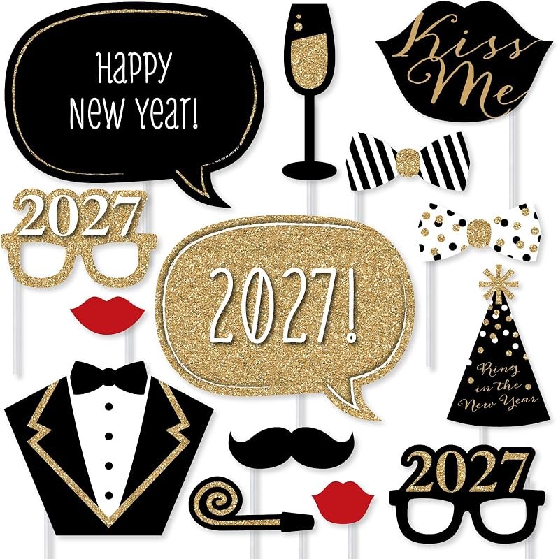 2027 Hello New Years New Years Eve Photo Booth Prop Kit - 20pc