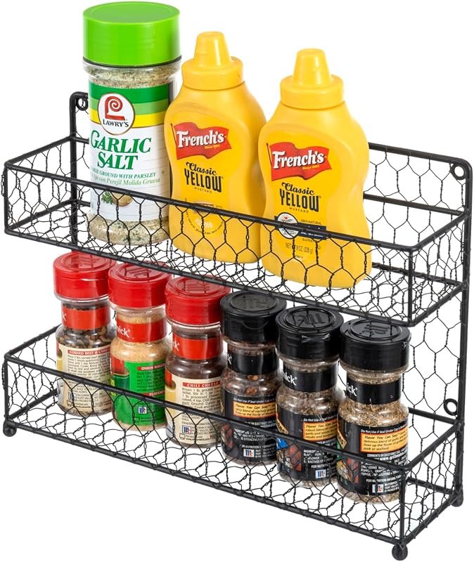 MyGift Spice Rack Wall Mount, Counter 2 Tier Spice Rack, over the Stove Seasoning Jar Storage Organizer, Black Metal
