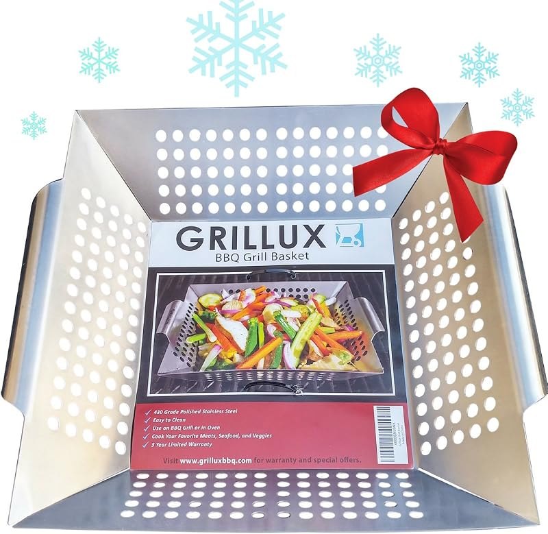 The #1 Vegetable Grill Basket by GRILLUX - BBQ Gift Accessories for Grilling Veggies - Use as Wok, Pan, or Smoker -