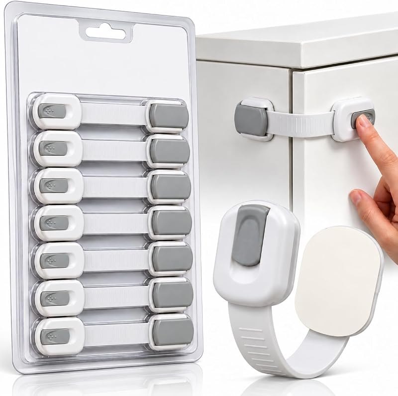 Child Safety Strap Locks (10 Pack) Baby Locks for Cabinets and Drawers, Toilet, Fridge & More. 3M Adhesive Pads. Easy