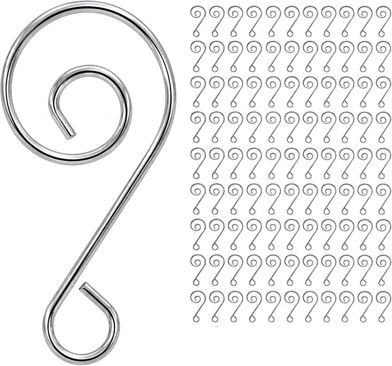 Christmas Ornament S Hooks Set of 100, Chrome Silver Ornament Hook Hangers, Decorative Swirl Scroll Metal Hooks for