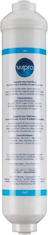 Wpro Inline Water Filter Cartridge for Side By Side Refrigerators, USC100, Filters 1500 Liters, Reduces Chlorine Taste