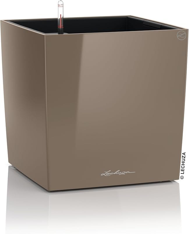 LECHUZA 16365 Cube 40 Premium Self-Watering Planter, Shiny Taupe High Gloss — self watering planter for self watering