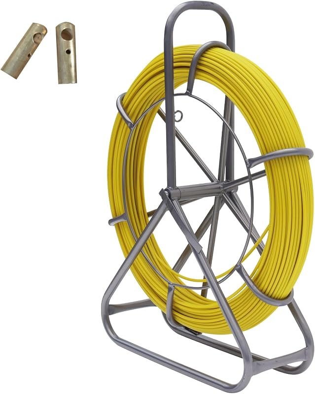 6mm 130m Fish Tape Fiberglass, 1/4'' 425ft Wire Cable Pulling Running Rod, Duct Rodder Puller with Steel Reel Stand