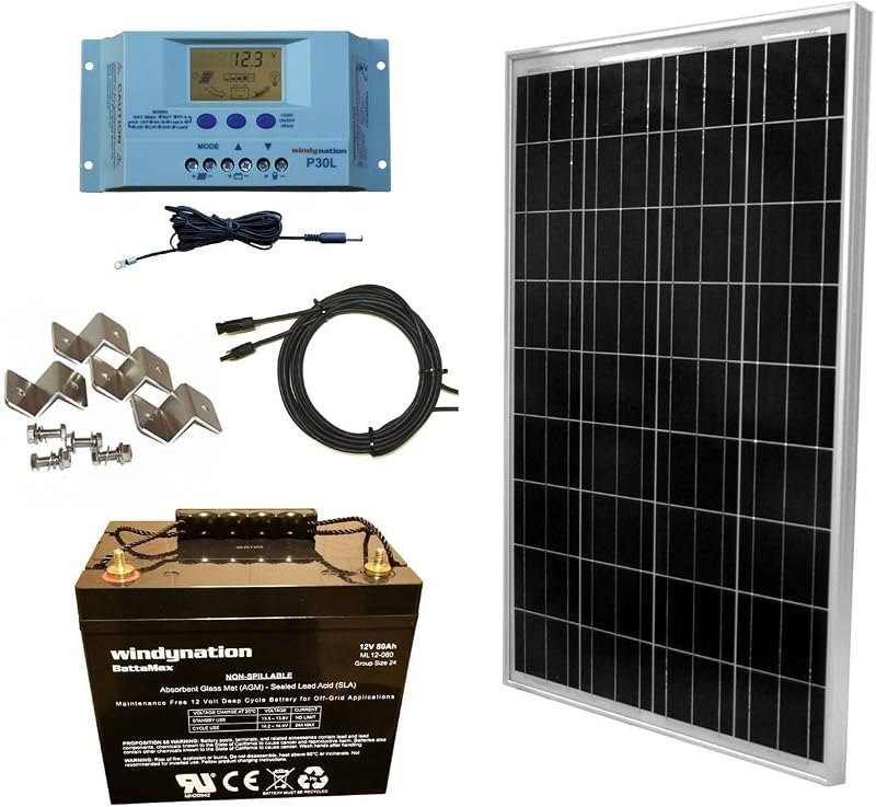 WindyNation 100 Watt Solar Panel Complete Off-Grid RV Boat Kit with P30L LCD PWM Charge Controller, Solar Cable