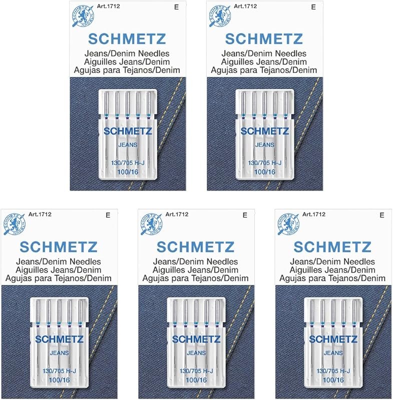 SCHMETZ Jean & Denim Sewing Machine Needles - Precision Needles for Heavy Fabric, Size 100/16, 5-Needle Cards, Pack of