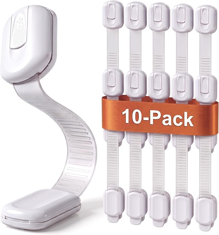 Child Safety Strap Locks (10 Pack) Baby Locks for Cabinets and Drawers, Toilet, Fridge & More. 3M Adhesive Pads. Easy