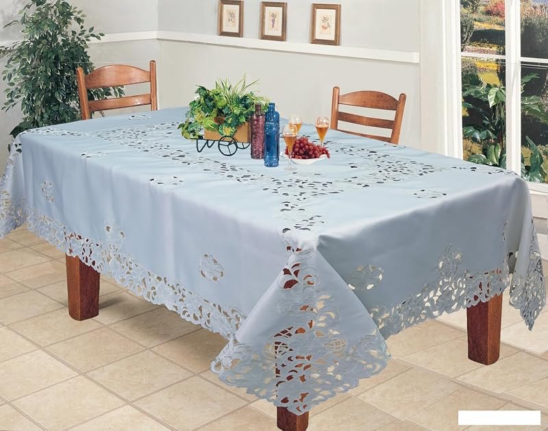 Creative Linens Embroidered Floral Tablecloth 70x90 Rectangular with 8 Napkins White — Thanksgiving Table Linen Set