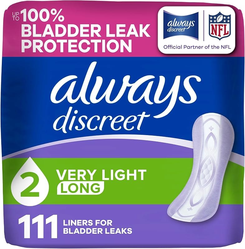 Always Discreet Incontinence Panty Liners for Women with Bladder Leaks, Size 2, Very Light Absorbency, Long Length