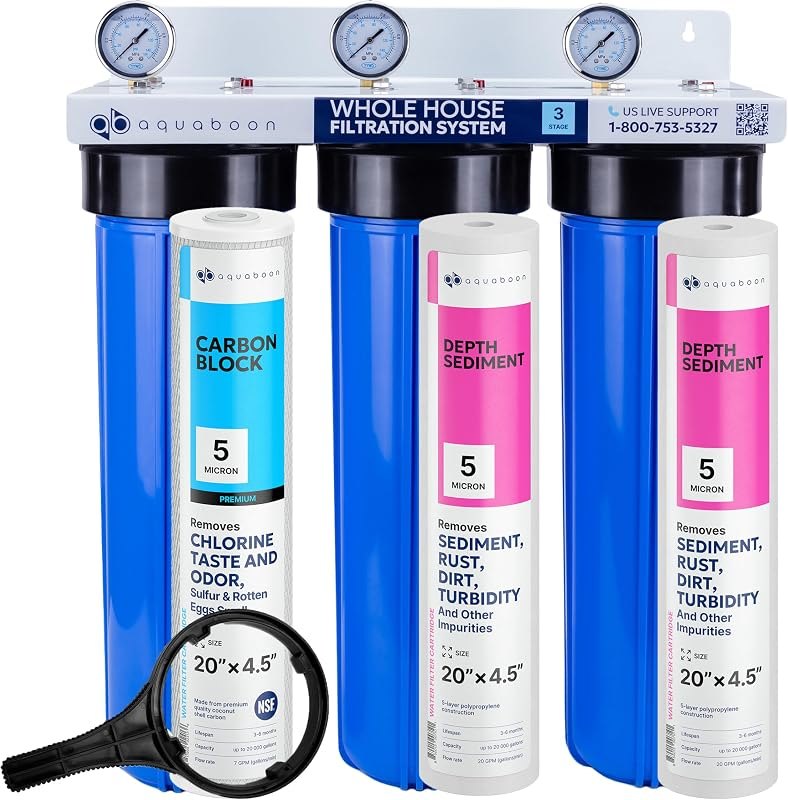 Aquaboon 3-Stage Whole House Water Filter System with 20x4.5 CTO & Sediment Filters, Against Sediment & Chlorine —