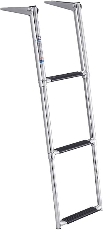 White Water - Telescoping 5-Step Over Platform Drop Ladder - 304 Stainless Steel Heavy Duty Folding Marine Boarding