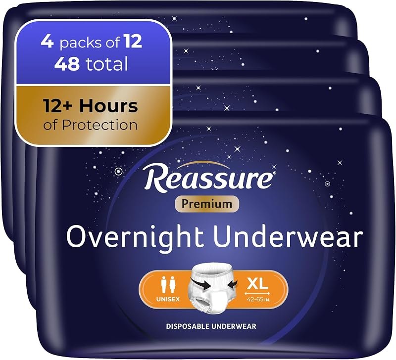 Reassure Premium Overnight Incontinence Underwear for Men and Women, Disposable Adult Diapers, Extra Large, 48 Pack —