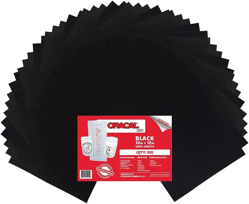 (50) 12" x 12" Sheets - Oracal 651 Black Adhesive Craft Vinyl for Cricut, Silhouette, Cameo, Craft Cutters, Printers