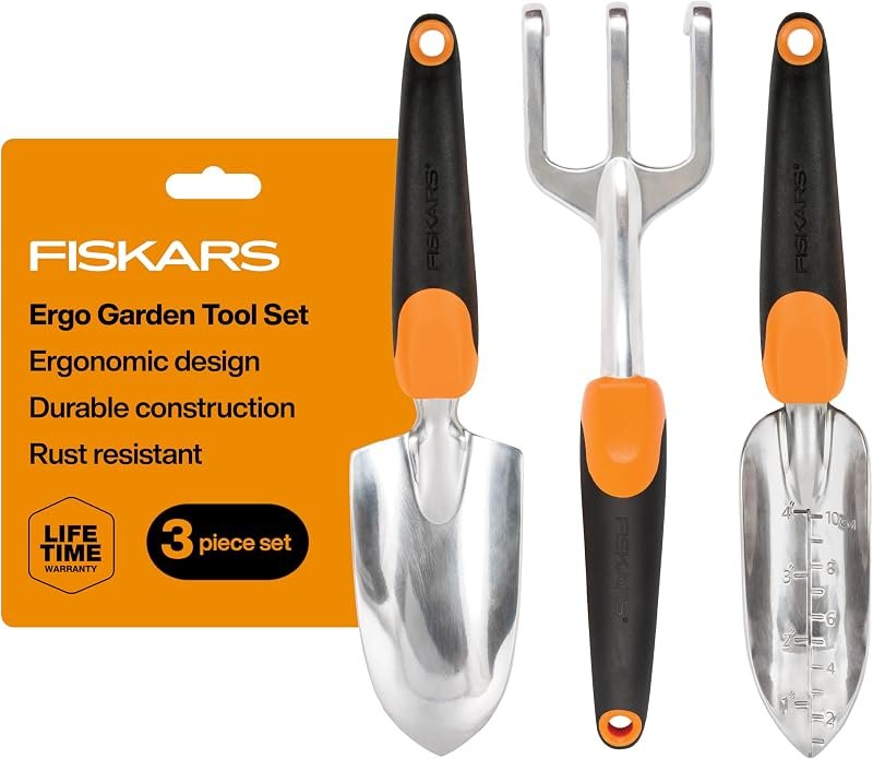 Fiskars 3-Piece Garden Hand Tools Set w/Trowel, Transplanter & Cultivator — Kids Gardening Tool Set for kids gardening