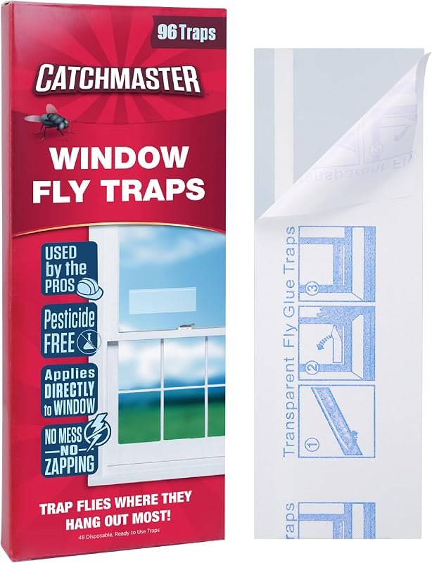 Catchmaster Window Fly Traps 96-Pack, Fruit Fly Traps for Indoors, Disposable Bulk Bug Catcher, Waterproof Insect Glue