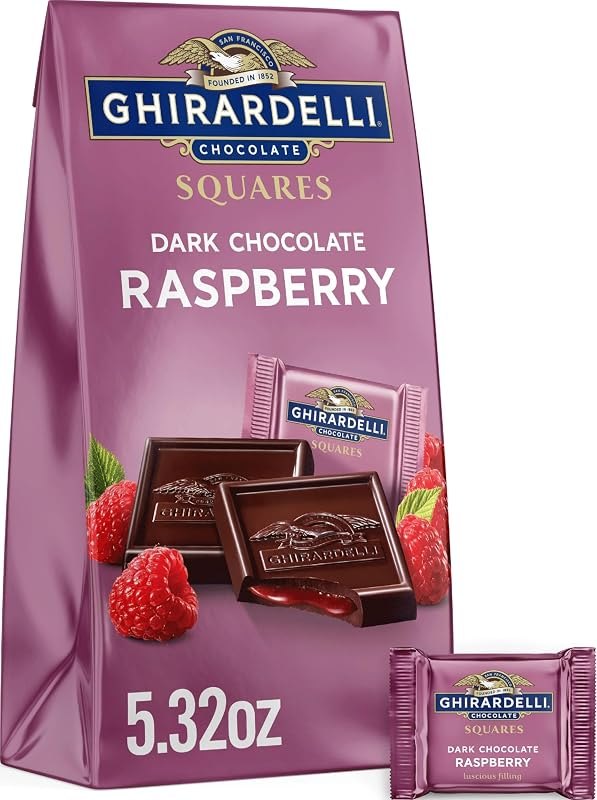 GHIRARDELLI Dark Chocolate Raspberry SQUARES, 5.32 oz — sugar free valentine chocolates for sugar free valentine