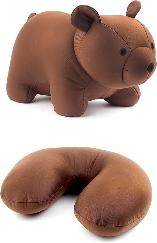 Kikkerland Zip and Flip Brown Bear Travel Comfortable & Breathable Soft Neck Pillow, Grey, for Sleeping, Flight Head