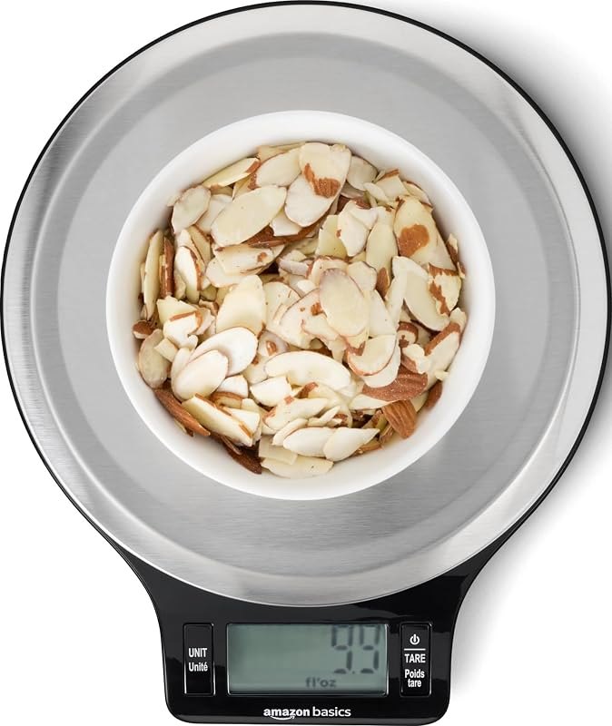 Amazon Basics Digital Kitchen Scale with LCD Display, Tare Function, Multiple Units, Weighs up to 11 Pounds, Batteries