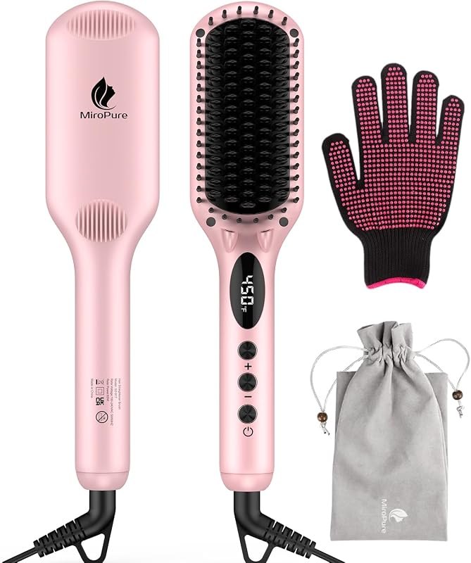 Enhanced Hair Straightener Heat Brush by MiroPure, 2-in-1 Ceramic Ionic Straightening Brush, Hot Comb with Anti-Scald