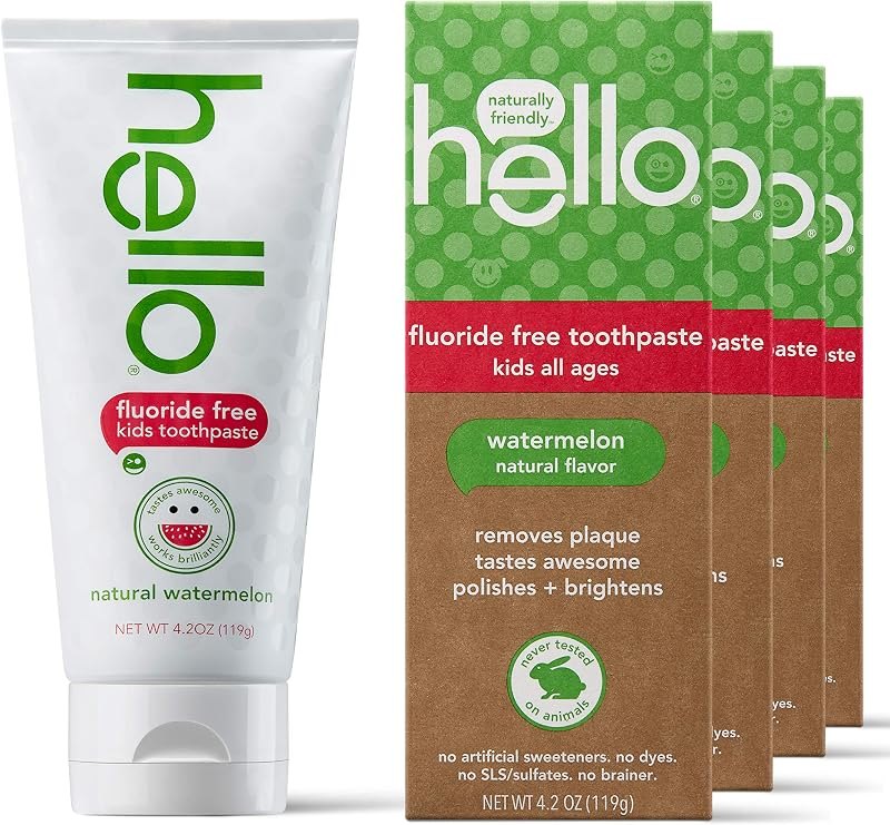 Hello Natural Watermelon Flavor Kids Fluoride Free Toothpaste, Vegan, SLS Free, Gluten Free, Safe to Swallow for Baby
