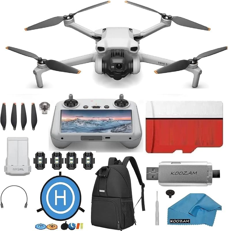 Mini 3 Drone with DJI RC Screen remote Kit Camera Drone Bundle, with 128 GB SD, 3.0 USB Card Reader, Landing Pad
