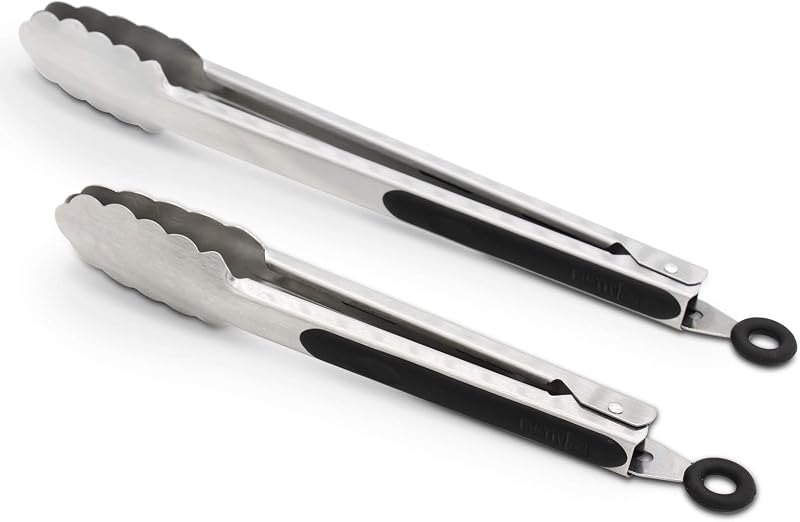 304 Stainless Steel Kitchen Cooking Tongs, 9" and 12" Set of 2 Sturdy Grilling Barbeque Brushed Locking Food Tongs