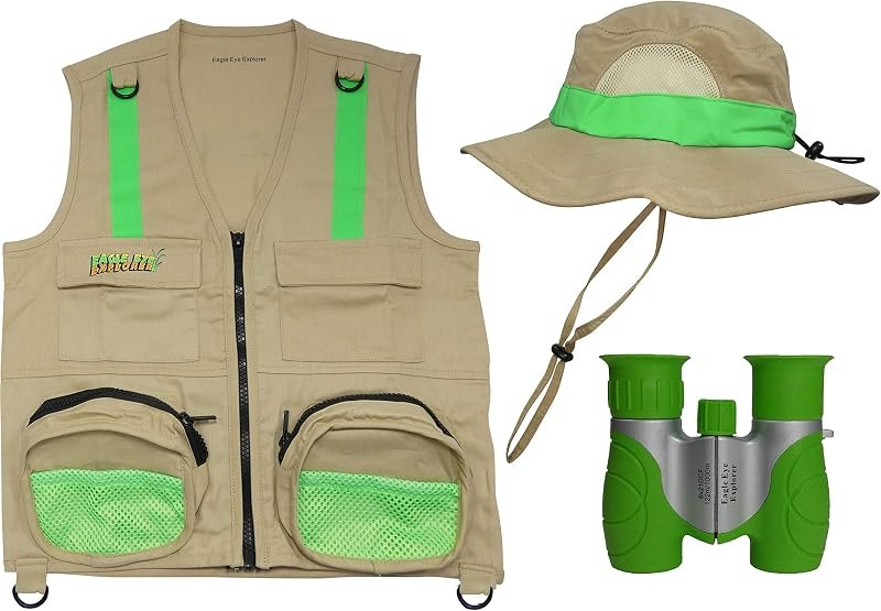 Multi-Piece Set Cargo Vest with Reflective Safety Straps, 1 8x21 Magnification Binoculars and Safari Hat for Boys and