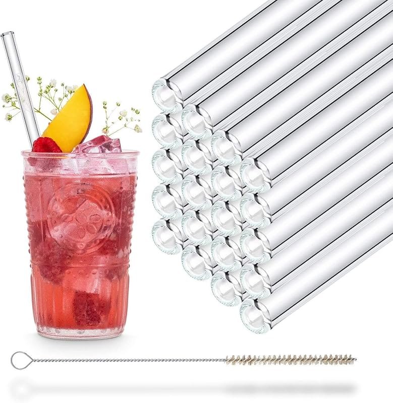 HALM Glass Straws - 20x 8 Inch Reusable Drinking Straws + Plastic-Free Cleaning Brush - Dishwasher Safe - Eco-Friendly