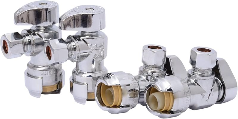 SharkBite 1/2 x 3/8 Inch Compression Angle Stop Valve, Pack of 4, Quarter Turn, Push to Connect Brass Plumbing