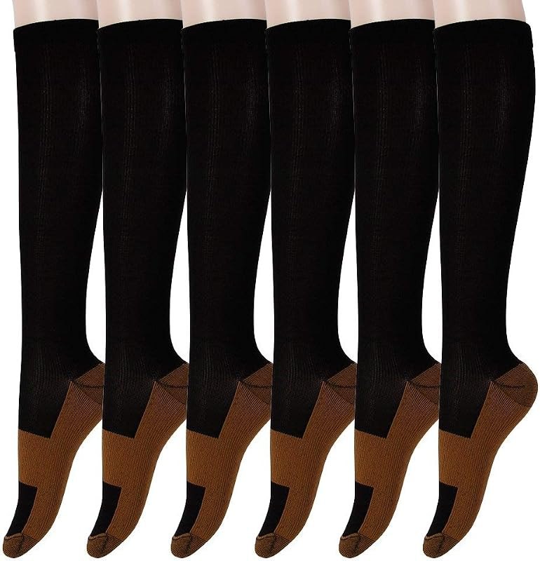 Graduated Copper Compression Socks 6 Pairs Knee High Socks for Men Women Pain Ache Relief Stockings 15-20 mmHg (XXL