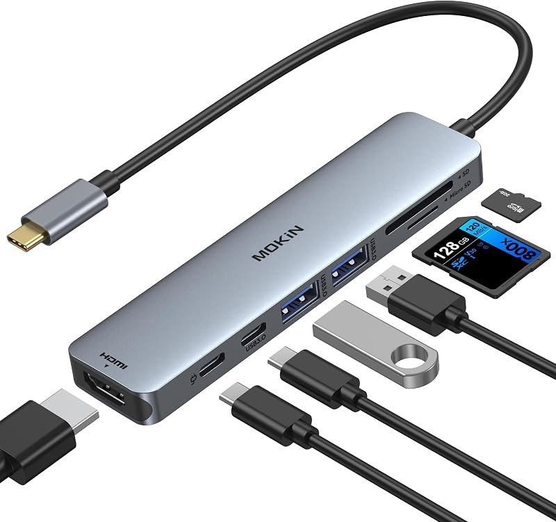 MOKiN USB C Hub HDMI Adapter, 7 in 1 Dongle with SD/TF Card Reader, USB C Data Port, 100W PD, and 2 USB 3.0 -