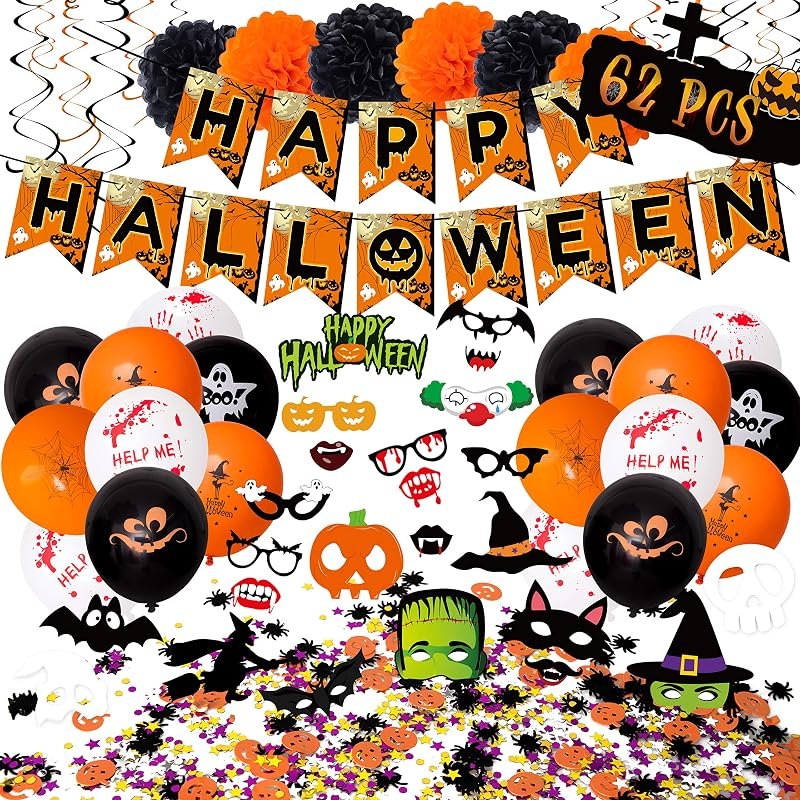 62PCS Halloween Party Decorations Set - Hallowmas Photo Booth Props Banner Balloons Pom Poms Hanging Swirls Spider