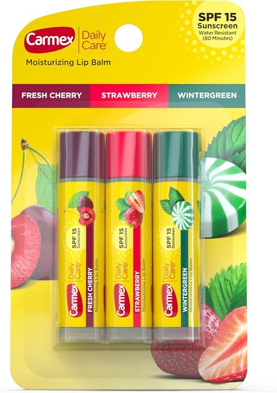 Carmex Daily Care Moisturizing Lip Balm Pack, Lip Balm With Sunscreen in Fresh Cherry, Strawberry and Wintergreen -