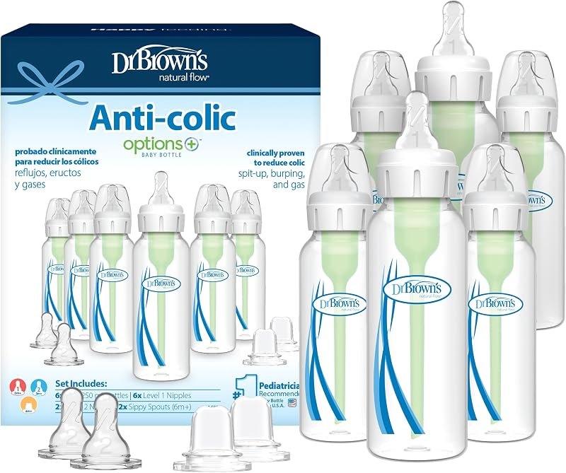 Dr. Brown's Options Plus Baby Bottles, 8 Ounce, 6 Count Plus 2 Bonus Level 2 Nipples and Sippy Spouts