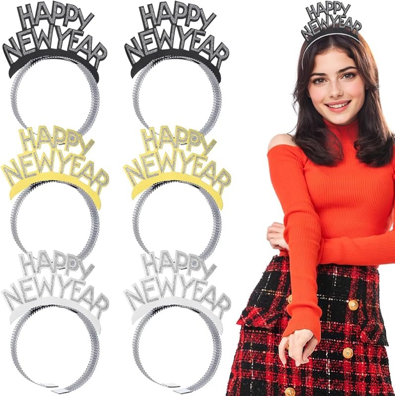 Amosfun HAPPY NEW YEAR Headband Tiara New Years Party Favors Gold Silver Black 12 Pieces — new years eve party favors