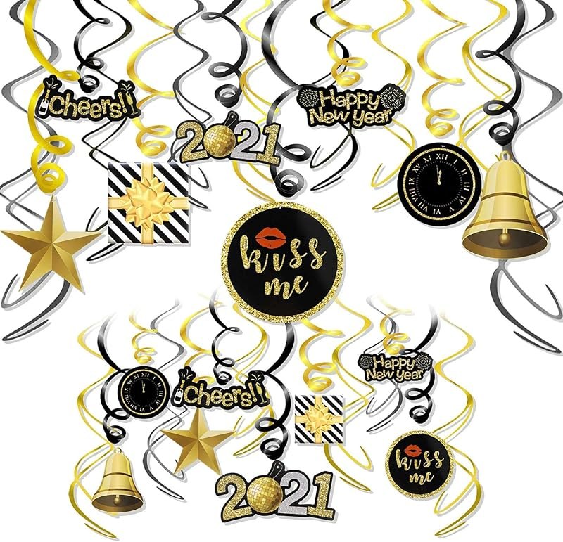 Konsait 2021 New Year Hanging Swirls Garland with Celebration Card Black and Gold, Happy New Year Party Decorations