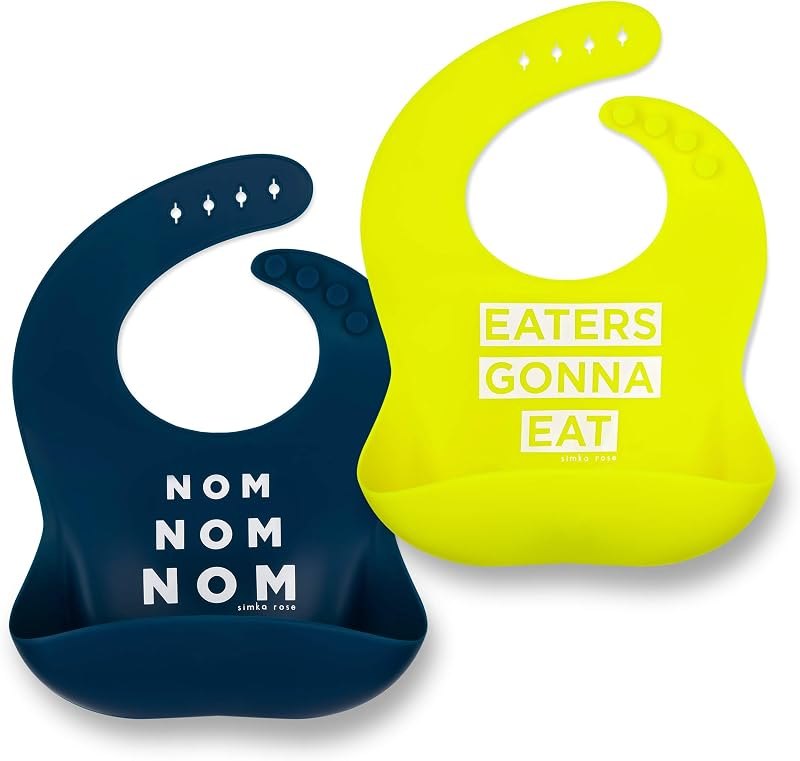 Simka Rose Silicone Baby Bibs with Food Catcher - Adjustable Soft Catch All Bib for Boys & Girls - High Chair Dining