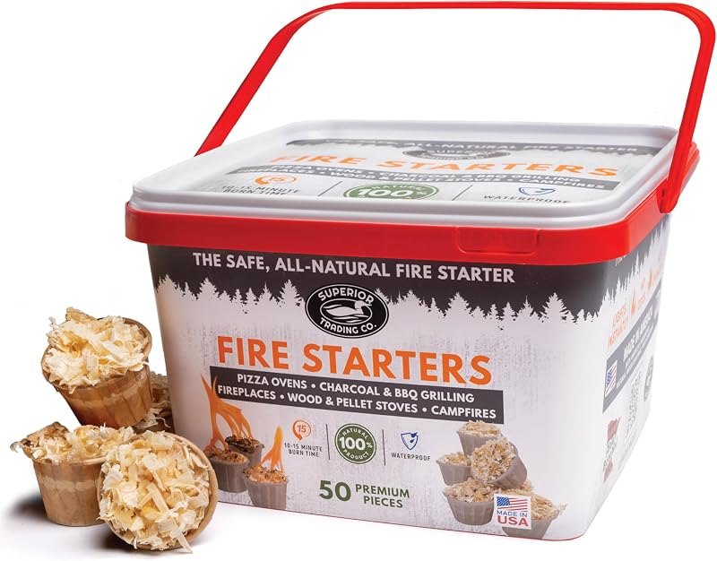 Superior Trading Fire Starter Pods in Plastic Bucket - Fire Starters for Campfires, BBQ, Grill, Pit, Wood Stove &