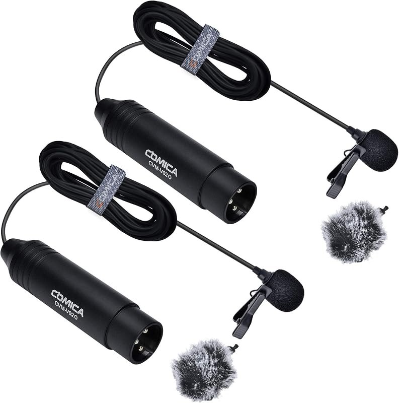COMICA XLR Microphone CVM-V02O 2 Pack 14.76 fts Phantom Power Omni-Directional Lavalier Lapel Microphone for Canon