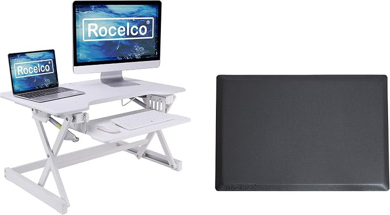 Rocelco 32" Height Adjustable Standing Desk Converter BUNDLE - Sit Stand Computer Workstation Riser with Anti Fatigue