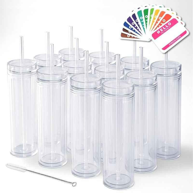 STRATA CUPS 12 Clear Skinny Tumblers with Lids and Straws