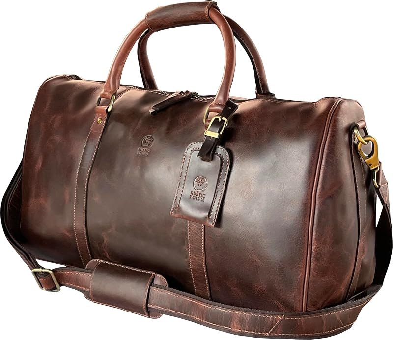 Men's Leather Travel Bag - Weekender Sports Travel Shoulder Bags Aeroplane Hand Luggage Men Duffle Bag (Large)