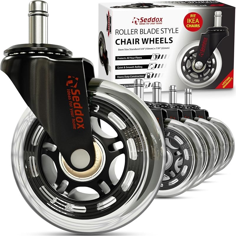 Office Chair Wheels Replacement Set 10mm (3/8" x 7/8") Stem - Fits IKEA Chairs ONLY - Soft Desk Chair Casters for Wood