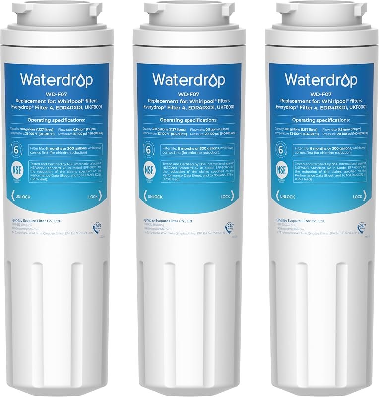 Waterdrop UKF8001 Water Filter Replacement for EveryDrop® Filter 4, 3 Pack — inline refrigerator water filter for