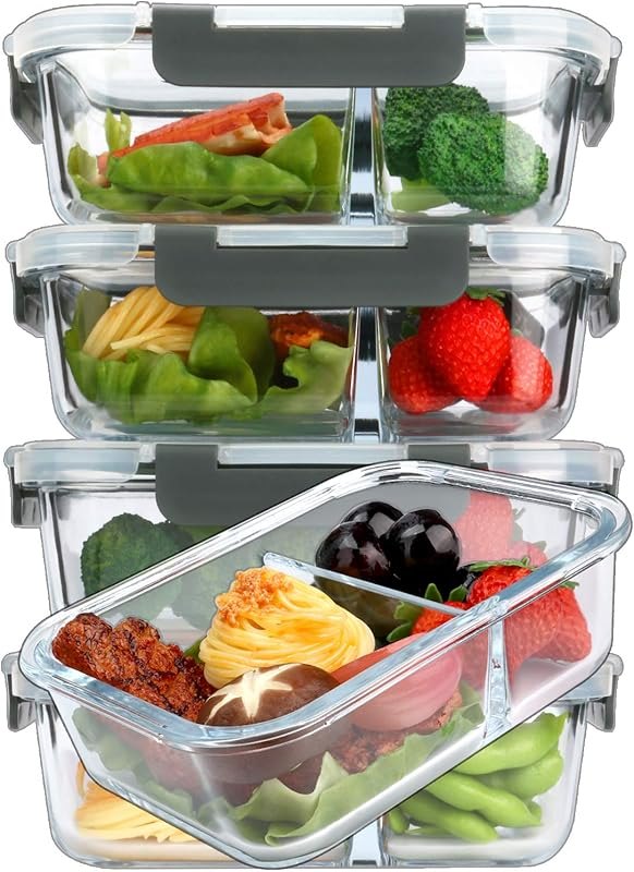M MCIRCO 5 Pack,36 oz, 2 Compartments Glass Meal Prep Containers with Lids — 3 compartment meal prep containers for