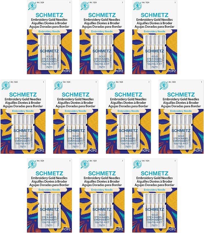 SCHMETZ Gold Embroidery Sewing Machine Needles - Titanium Coated for Smooth Stitching, Size 75/11, 5-Needle Cards, Box