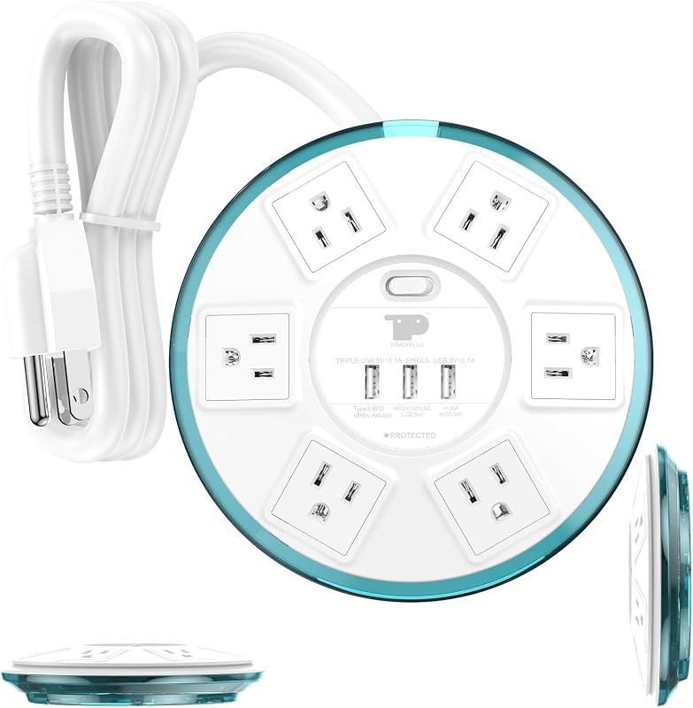 3pcs Surge Protector Power Strip,Smart Design Extension Cord,4 Feet Flat Extension with 6 Outlet+3 USB Quick Charging